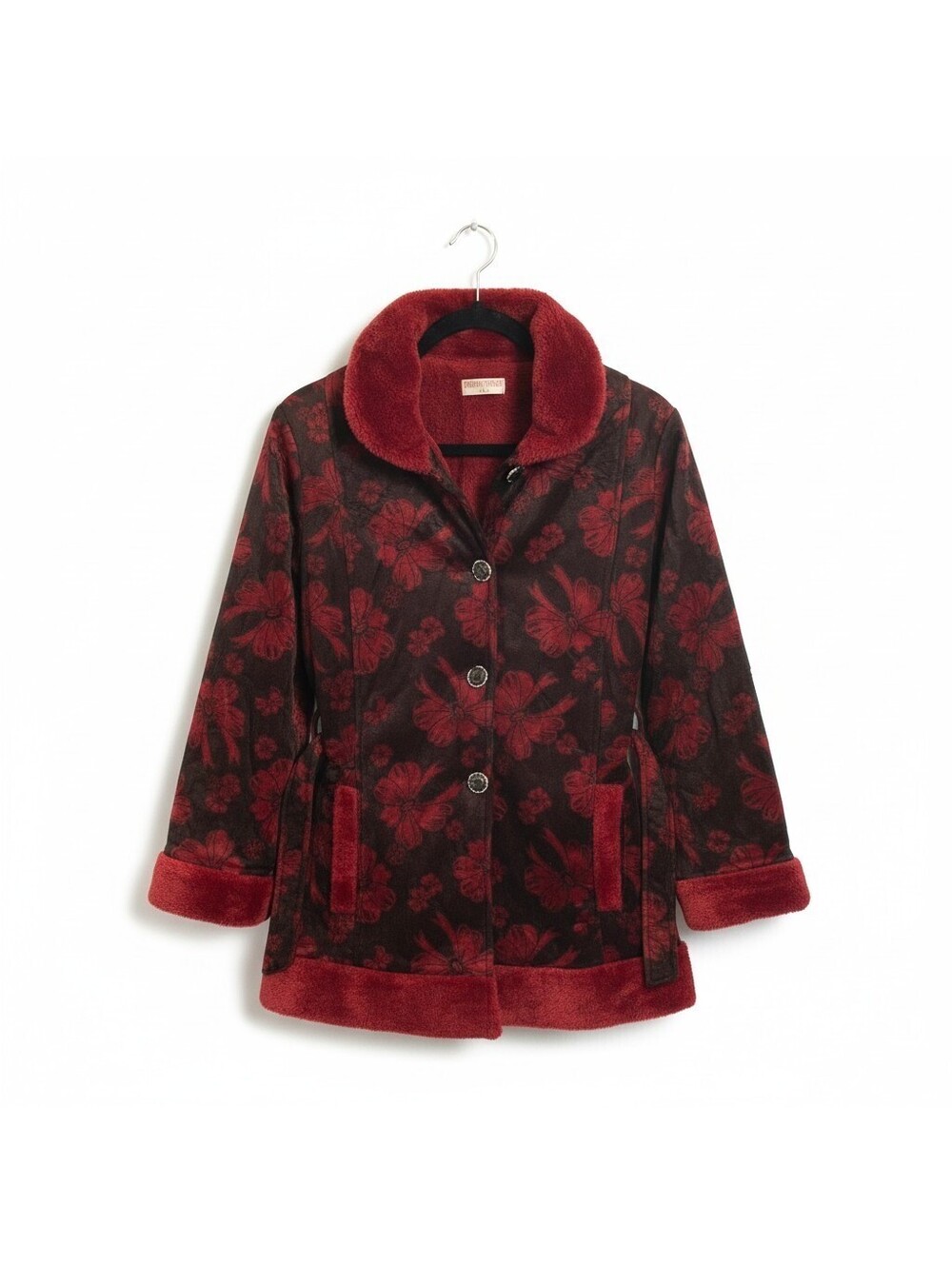 Fashion Princess Red Floral Plush Fleece Robe Coat Size L Sherpa Lined Belted
